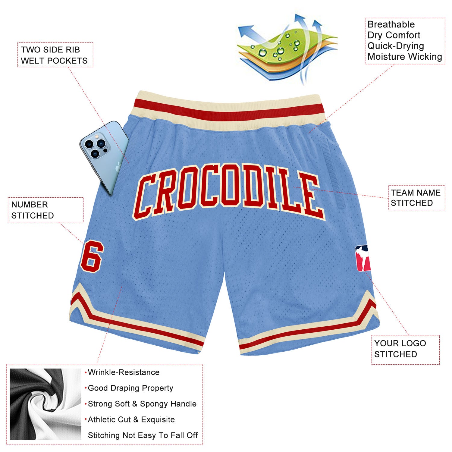 Custom Light Blue Red-Cream Authentic Throwback Basketball Shorts - Image 2