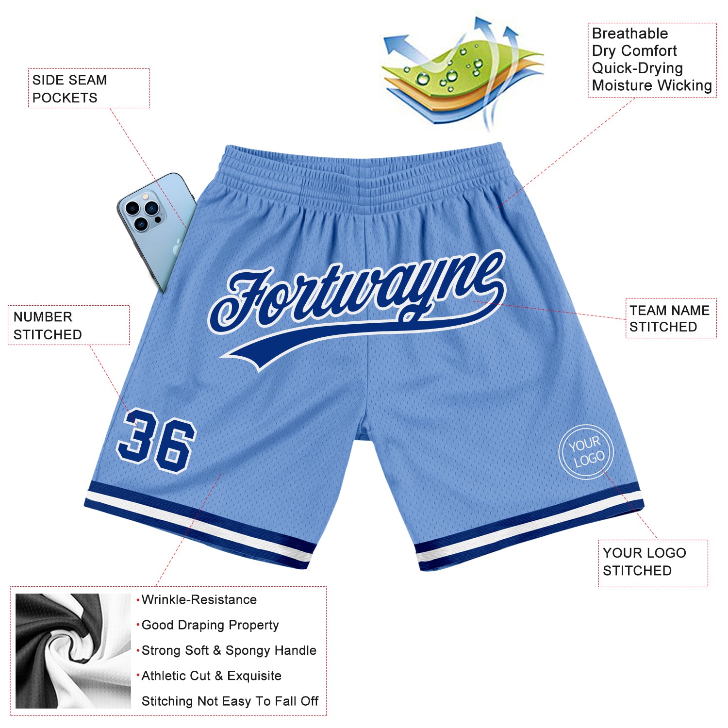 Custom Light Blue Royal-White Authentic Throwback Basketball Shorts - Image 2