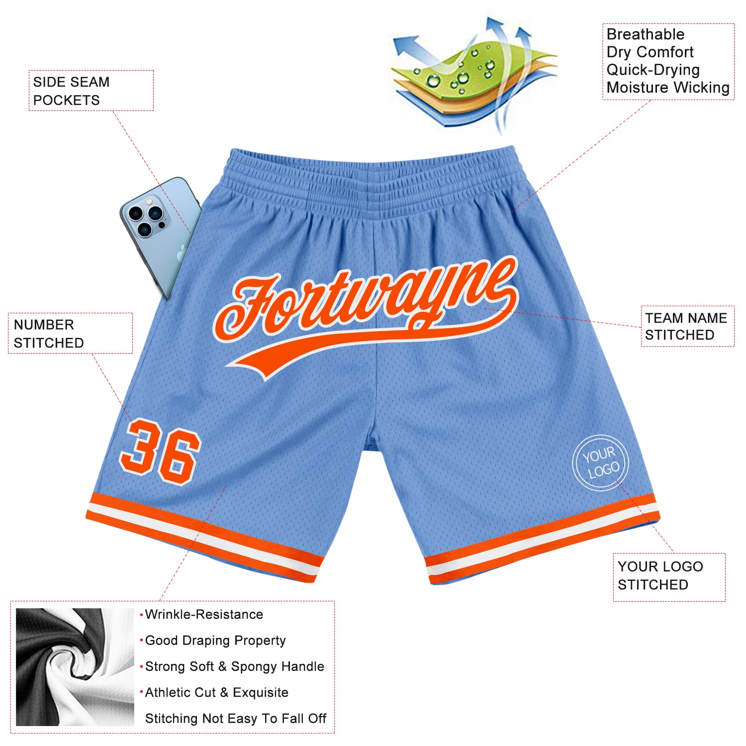 Custom Light Blue Orange-White Authentic Throwback Basketball Shorts - Image 2