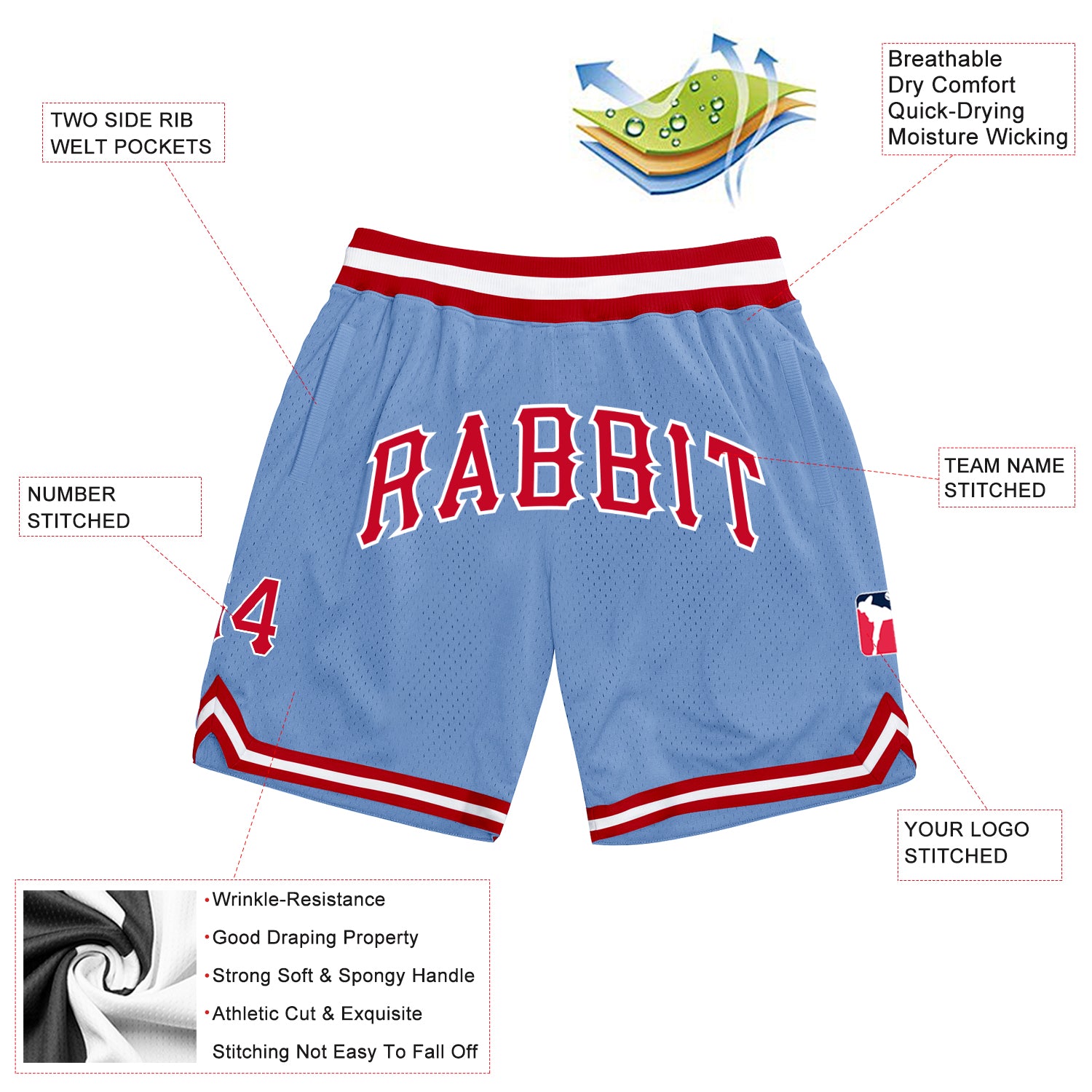 Custom Light Blue Red-White Authentic Throwback Basketball Shorts - Image 2